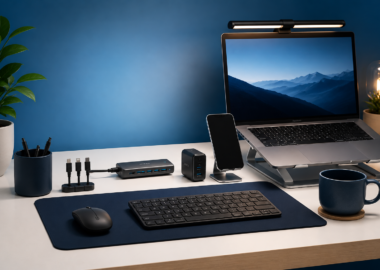 Modern workspace with blue background