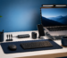 Modern workspace with blue background