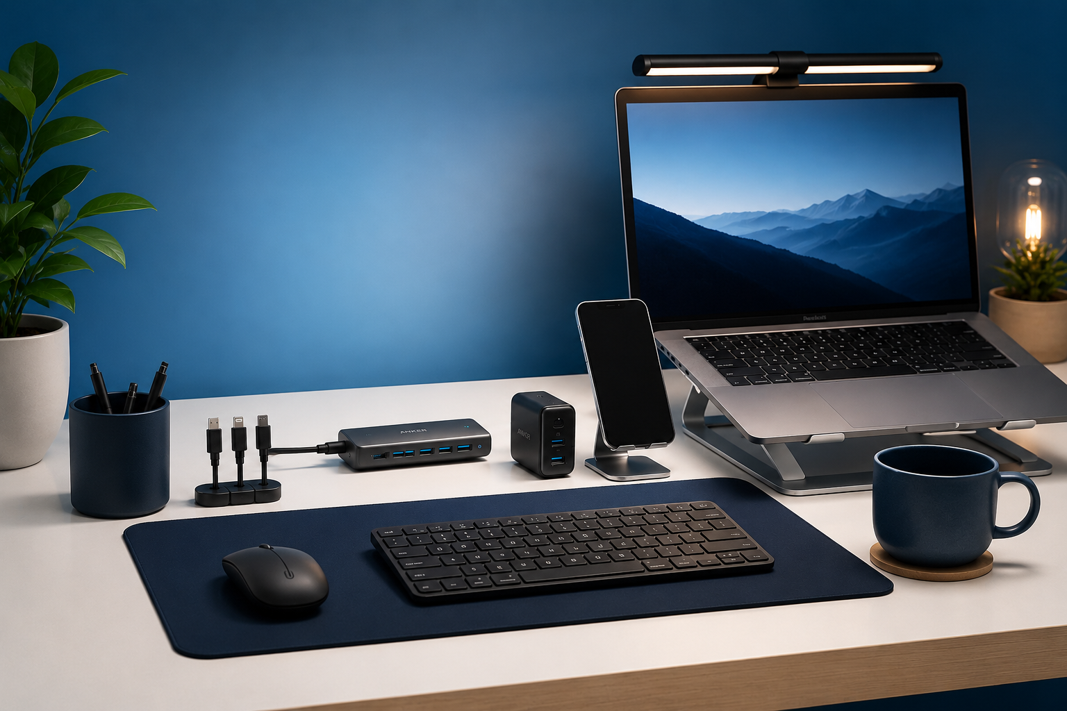 Modern workspace with blue background