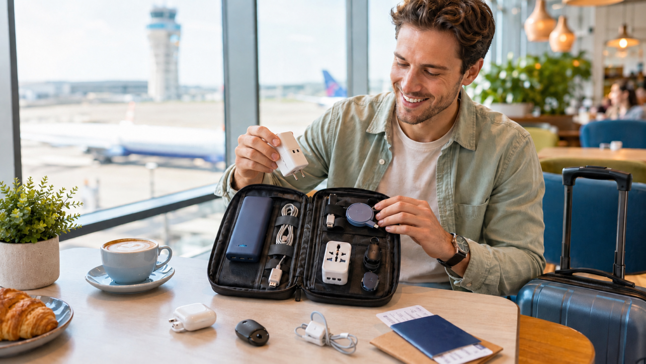 A man happily opens the pouch with tech travel accessories and gadgets at the airport lounge