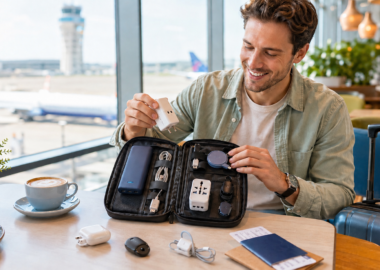 A man happily opens the pouch with tech travel accessories and gadgets at the airport lounge