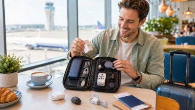 A man happily opens the pouch with tech travel accessories and gadgets at the airport lounge