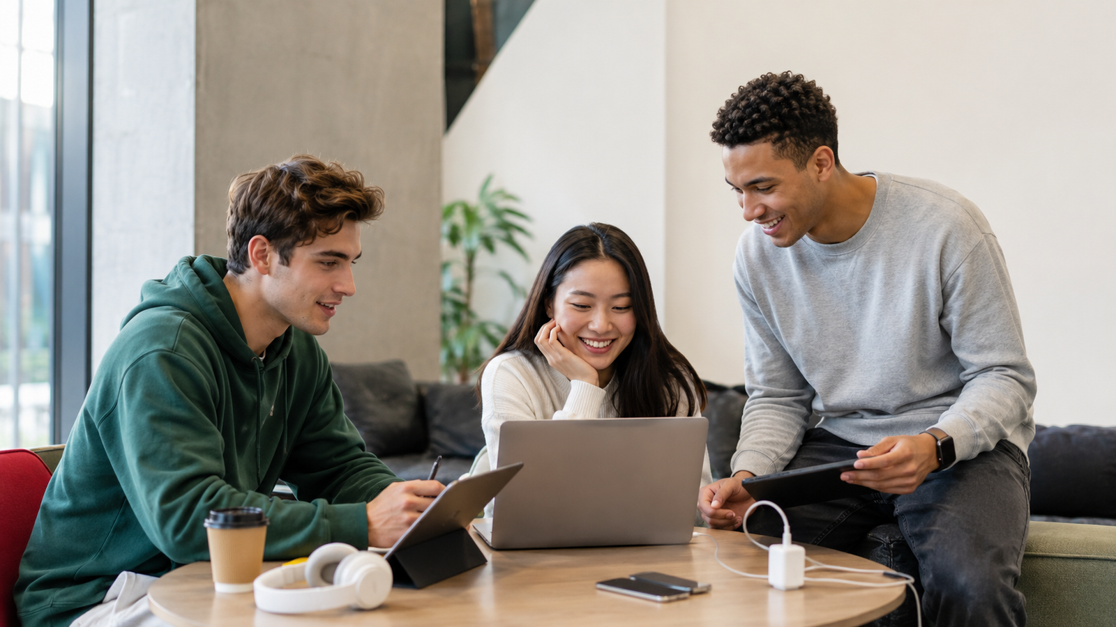 friends gather in a table looking at the computer